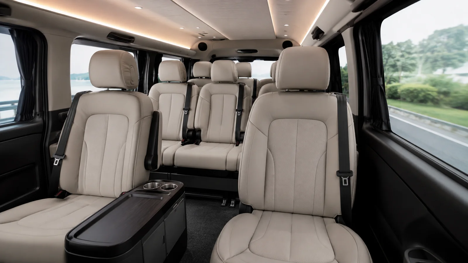 Luxury executive minibus interior representative of comfortable group travel
